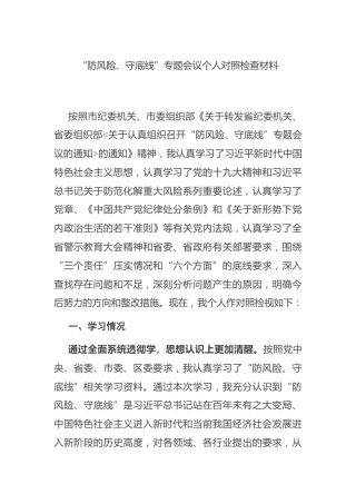 “防风险、守底线”专题会议个人对照检查材料4300字