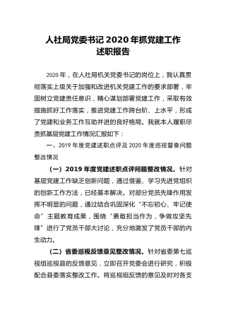 党委书记2020年抓党建工作述职报告5100字（人社系统）