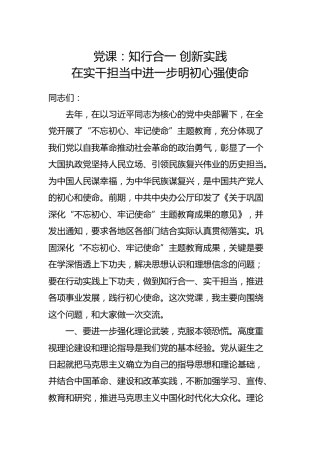 党课：知行合一 创新实践 在实干担当中进一步明初心强使命