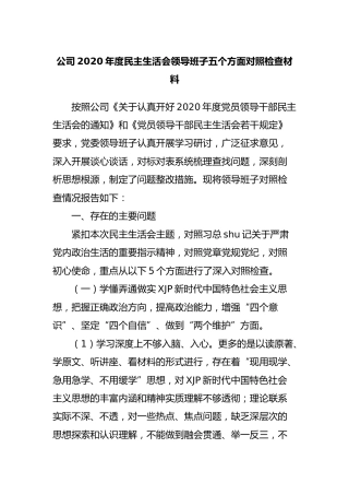 公司领导班子2020年度民主生活会对照检查材料4400字