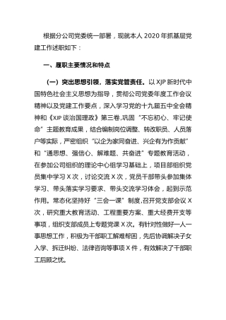 公司党支部书记2020年抓基层党建工作述职报告