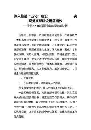 党建经验材料：深入推进“五化”建设， 实现支部建设提质增效