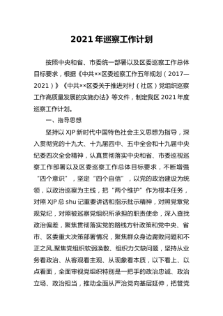 2021年巡察工作计划