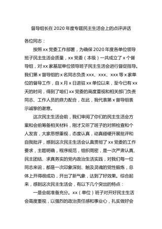 督导组长在2020年度专题民主生活会上的点评讲话2500字