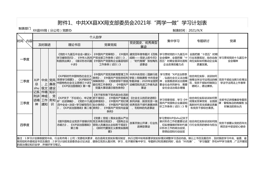2021年度三会一课、两学一做、主题党日计划表_第1页