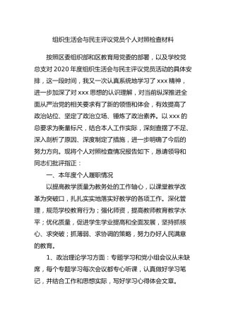 2020年度组织生活会与民主评议党员个人对照检查材料（学校）
