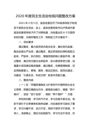 2020年度民主生活会检视问题整改方案4100字