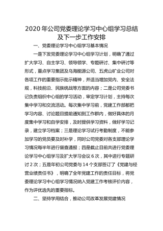 2020年公司理论学习中心组学习总结及下一步工作安排