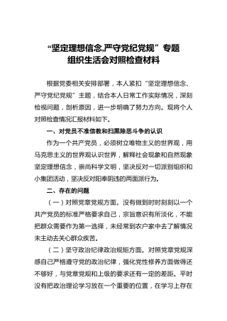 “坚定理想信念 严守党纪党规”专题组织生活会对照检查材料