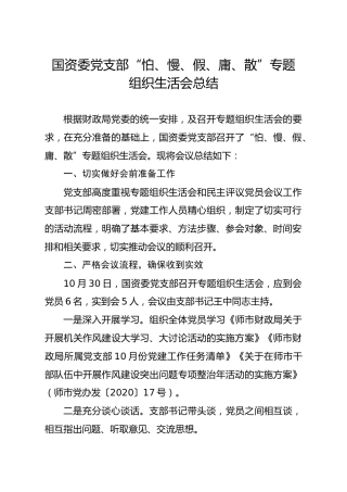 2020年度专题组织生活会总结