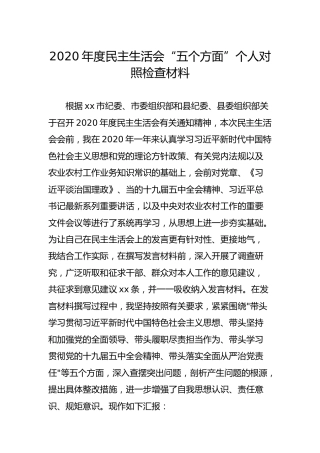 2020年度民主生活会“五个方面”个人对照检查材料4900字