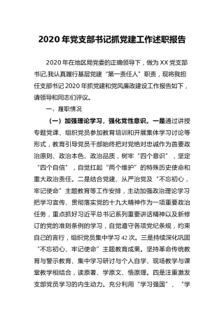 2020年党支部书记抓党建工作述职报告3800字