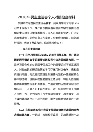 2020年民族工作民主生活会个人对照检查材料2500字