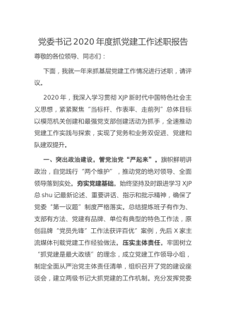 2020年度书记抓基层党建工作述职报告1900字