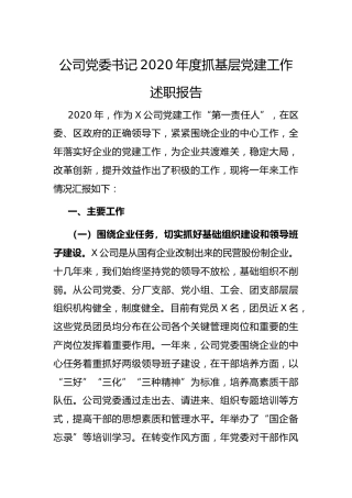 2020年度书记抓基层党建工作述职报告（公司版3200字）