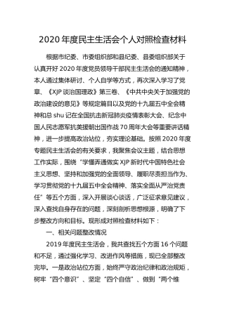 2020年度民主生活会五个方面个人对照检查材料4500字