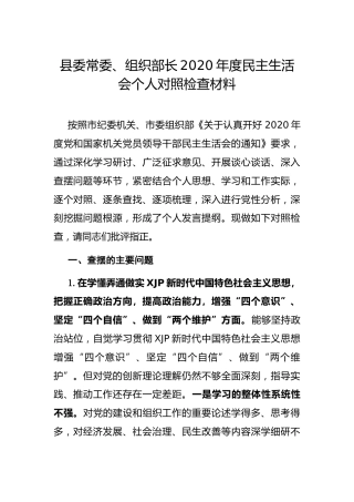 2020年度民主生活会五个方面个人对照检查材料（常委、组织部长4800字）