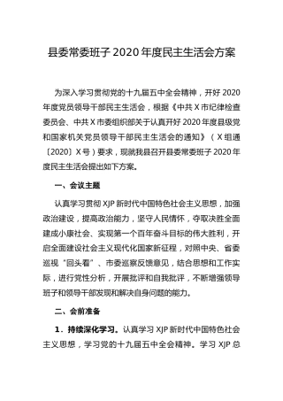 2020年度民主生活会方案3100字（县委）