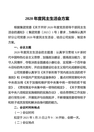 2020年度民主生活会方案（集团公司4500字）