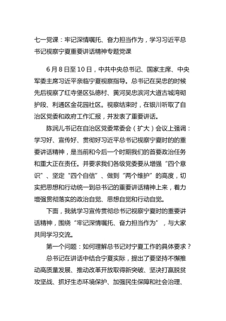 七一党课：牢记深情嘱托、奋力担当作为，学习视察宁夏重要讲话精神
