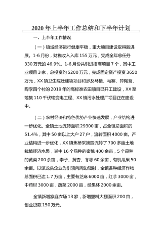 2020年乡镇上半年工作总结和下半年工作计划4700字