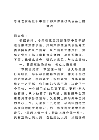 在新任职中层干部集体廉政谈话会上的讲话（公司）