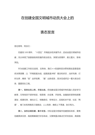 在创建文明城市动员大会上的表态发言