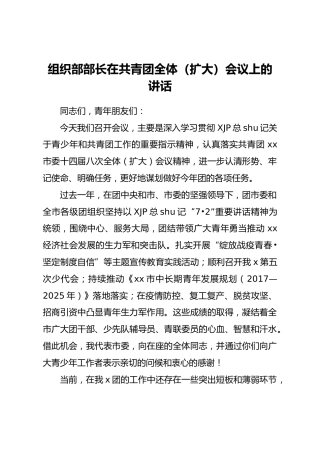 组织部部长在共青团全体扩大会议上的讲话