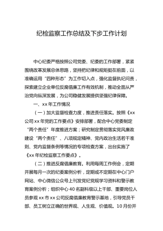 纪检监察工作总结及下步工作计划（公司2900字）