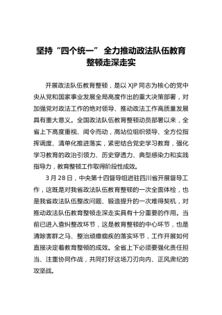 教育整顿研讨发言：坚持“四个统一” 全力推动政法队伍教育整顿走深走实