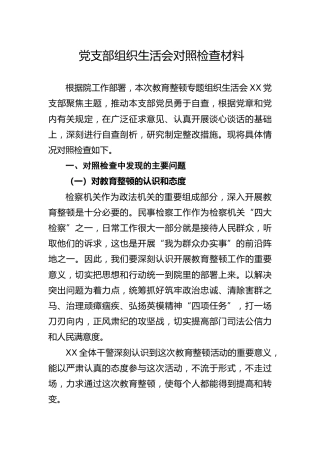 党支部政法队伍教育整顿组织生活会对照检查材料1500字