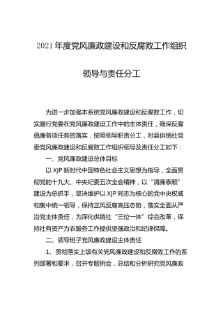 2021年度党风廉政建设和反腐败工作组织领导与责任分工