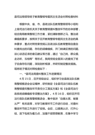 政法队伍教育整顿民主生活会班子对照检查材料（司法）