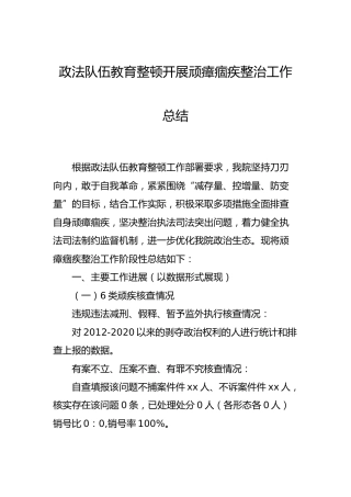 政法队伍教育整顿开展顽瘴痼疾整治工作总结3200字