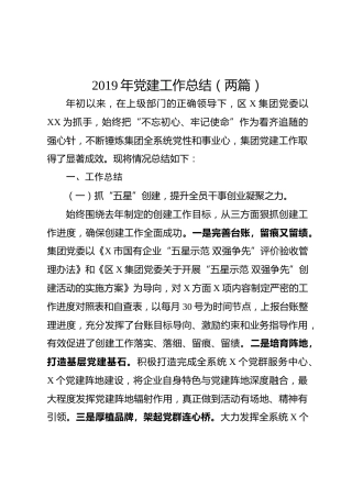 2019党建工作总结2篇（集团、机关各一篇）