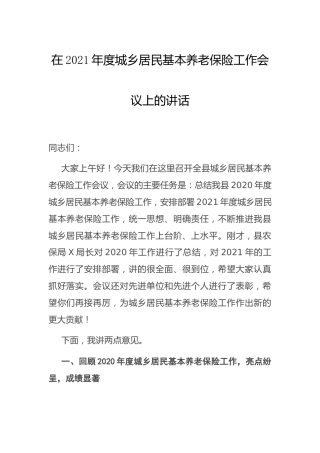 在2021年城乡居民基本养老保险工作会议上的讲话