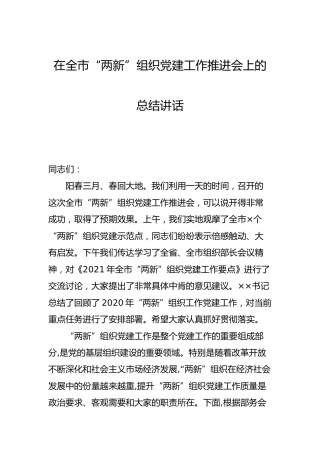 在“两新”组织党建工作推进会上的总结讲话