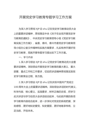 开展党史学习教育专题学习工作方案