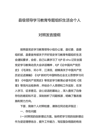 党史学习教育专题组织生活会个人剖析（县领导）