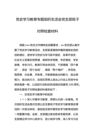 党史学习教育专题组织生活会党支部班子对照检查材料2700字