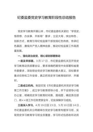 党史学习教育阶段性总结报告（纪委监委）