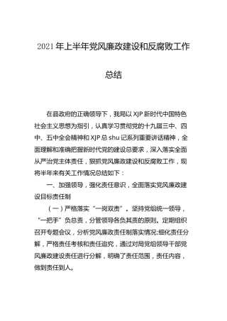 2021年上半年党风廉政建设和反腐败工作总结2600字