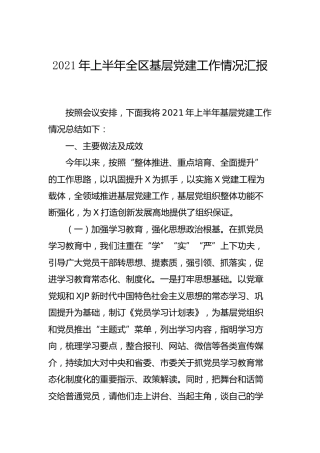 2021年上半年全区基层党建工作情况汇报8500字