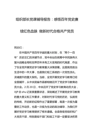 组织部长党课辅导报告：感悟百年党史赓续红色血脉 做新时代合格共产党员