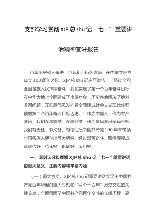 支部学习贯彻“七一”讲话精神宣讲报告11000字
