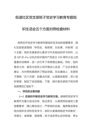 支部班子党史专题组织生活会对照检查（街道社区4200字）