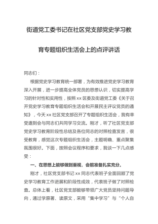 在社区党支部党史专题组织生活会上的点评讲话