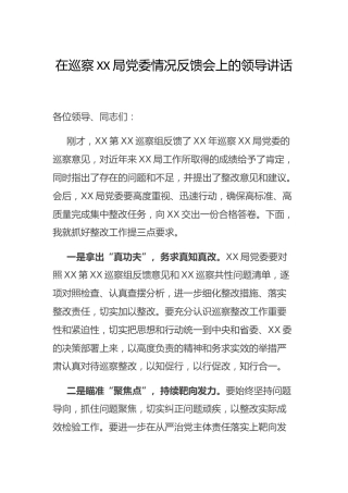 在巡察情况反馈会上的讲话（抓整改）