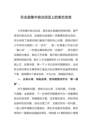 在集中政治谈话上的表态发言