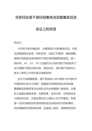 在新任干部任前集体谈话暨廉政谈话会议上的讲话